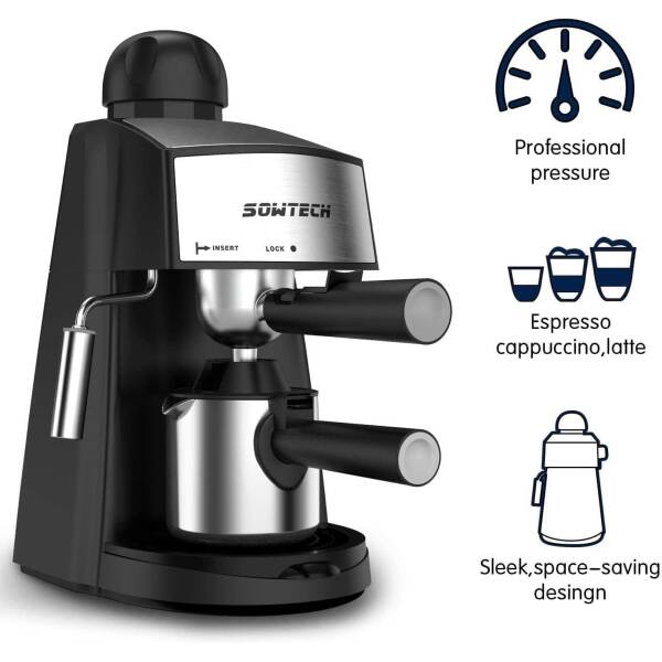 SOWTECH Steam Espresso Machine Espresso Maker Cappuccino Latte Machine with Steam Milk Frother and Mug 3.5 Bar 4 Cup