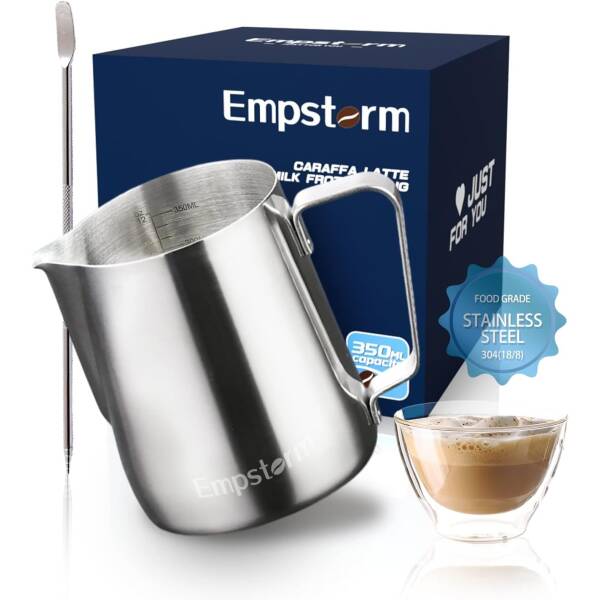 Empstorm Milk Frothing Pitcher 12 Oz with Decorating Pen, Espresso Accessories Stainless Steel Milk Frother Cup for Espresso