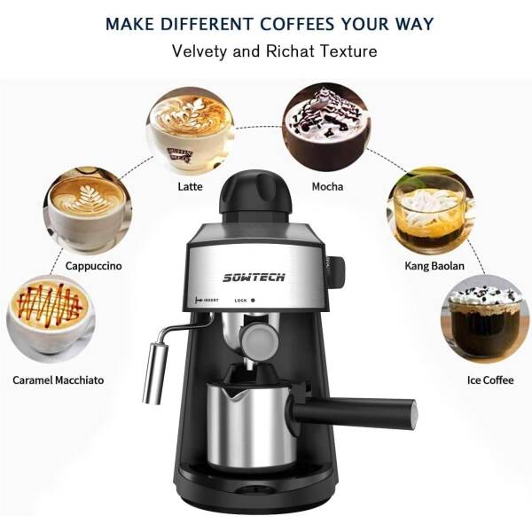 SOWTECH Steam Espresso Machine Espresso Maker Cappuccino Latte Machine with Steam Milk Frother and Mug 3.5 Bar 4 Cup