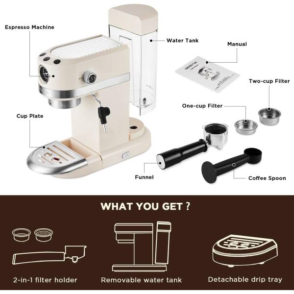 Neretva 20 Bar Espresso Coffee Machine with Steam Wand for Latte Espresso and Cappuccino, Compact Espresso Maker For Home