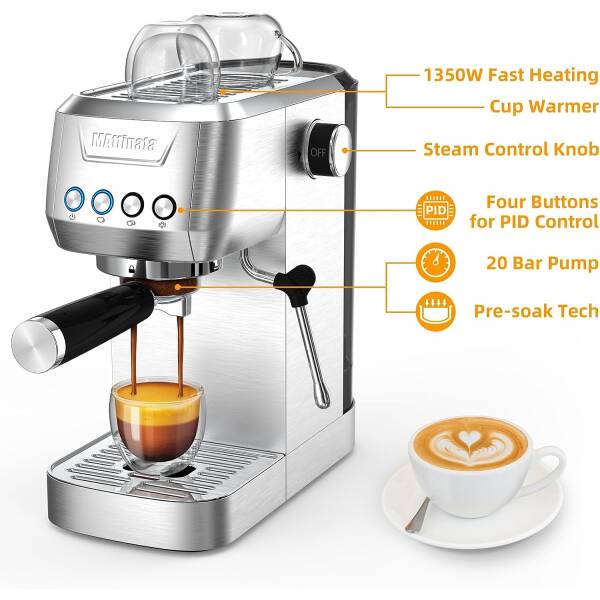 MAttinata Espresso Machine, 20 BAR Espresso Maker with Milk Frother/Steam Wand, Stainless Steel Compact Espresso Coffee Machine