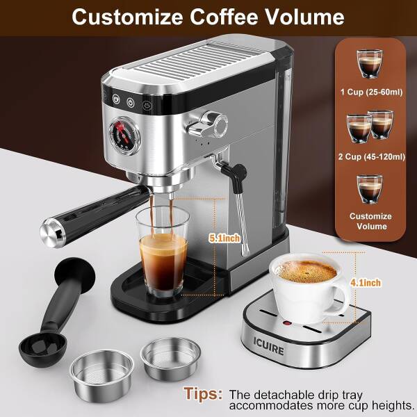 ICUIRE Espresso Machine 20 Bar, Stainless Steel Espresso Maker with Milk Frothing Pitcher, Professional Cappuccino Machine with