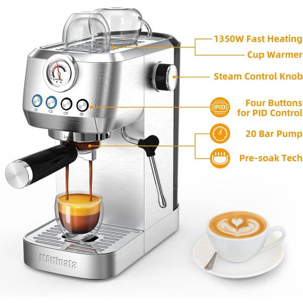 MAttinata Espresso Machine, 20 Bar Professional Espresso Maker Stainless Steel with Milk Frother Steam Wand and Pressure Gauge,