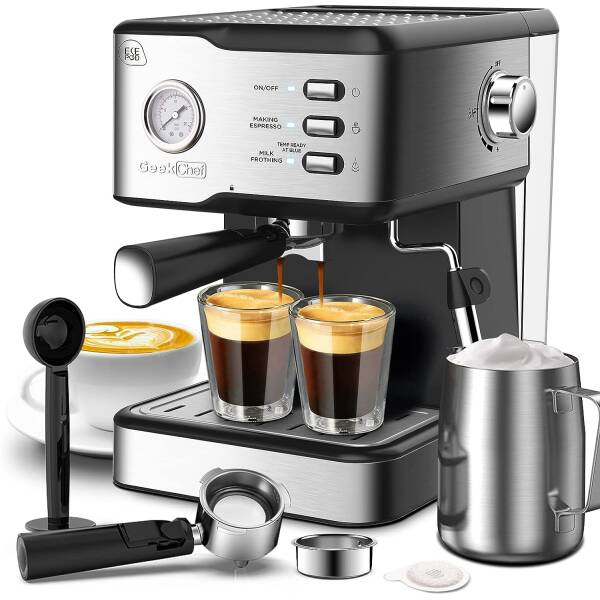 Geek Chef Espresso Machine 20 Bar Pump Pressure Cappuccino latte Maker Coffee Machine with ESE POD filter&Pressure gauge, 1.5L