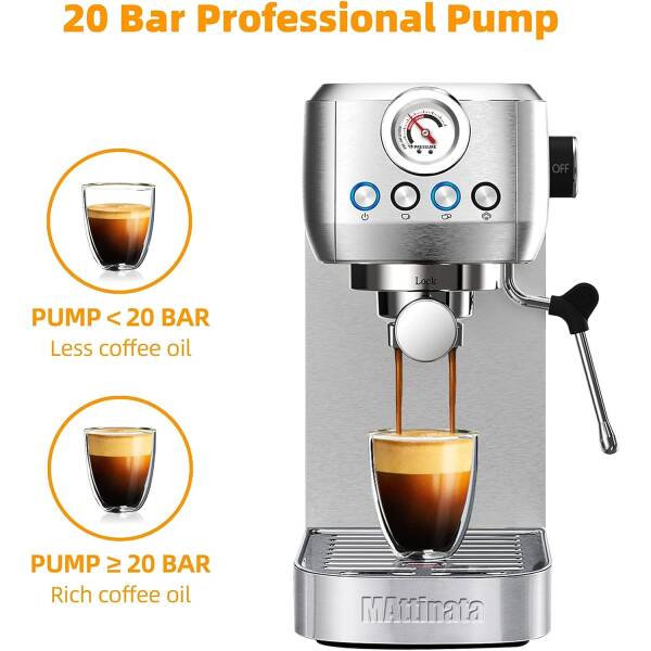 MAttinata 20 Bar Espresso Machine, Stainless Steel Espresso Coffee Maker with Milk Frother, Commercial Steam Wand and Pressure