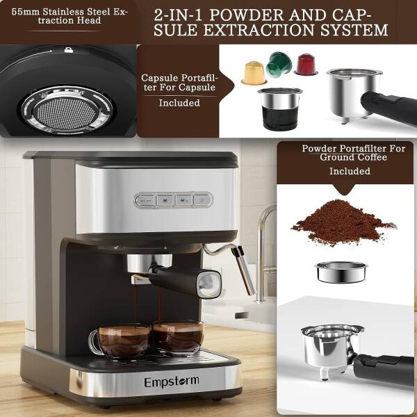 Empstorm Espresso Machine 20 Bar with Milk Frother Steam Wand, Cappuccino Latte Maker, Espresso Machines with 2 in 1 Powder and