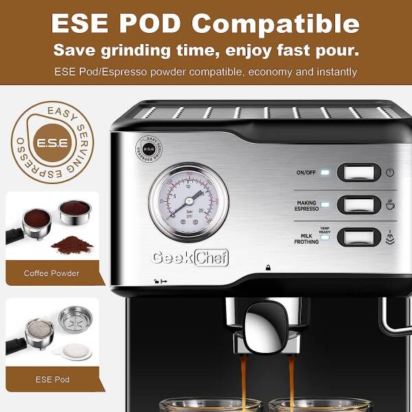 Geek Chef Espresso Machine 20 Bar Pump Pressure Cappuccino latte Maker Coffee Machine with ESE POD filter&Pressure gauge, 1.5L