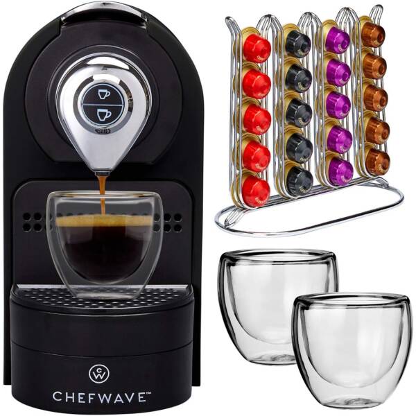 ChefWave Espresso Machine Compatible with Nespresso Capsules (Black) Bundle with 20-Count Intenso Dark Roast Coffee Capsules and