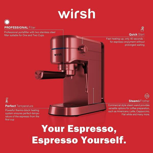 wirsh Espresso Machine, 15 Bar Espresso Maker with Commercial Steamer for Latte and Cappuccino, Expresso Coffee Machine with 42