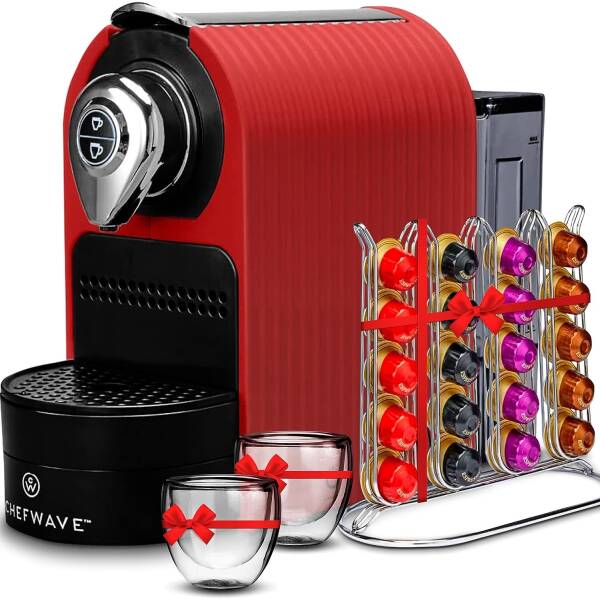 ChefWave Espresso Machine & Coffee Maker Compatible w/Nespresso Original Capsules (Red) – Programmable, One-Touch, Premium,