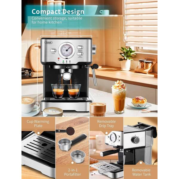 Gevi Espresso Machine 15 Bar Pump Pressure, Cappuccino Coffee Maker with Milk Foaming Steam Wand for Latte, Mocha, Cappuccino,