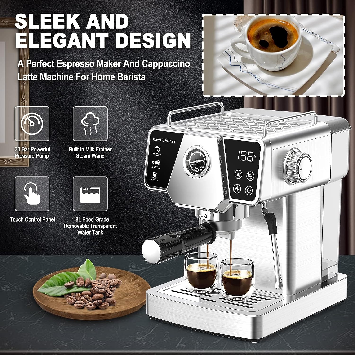 20 Bar Pump Espresso Coffee Maker W/ Milk Frother Wand- Latte