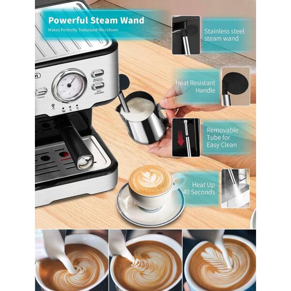 Gevi Espresso Machine 15 Bar Pump Pressure, Cappuccino Coffee Maker with Milk Foaming Steam Wand for Latte, Mocha, Cappuccino,