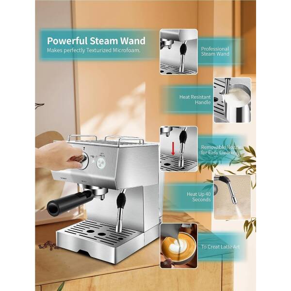 Espresso Machine, Stainless Steel Espresso Machine with Milk Frother for Latte, Cappuccino, Machiato,for Home Espresso Maker,