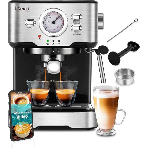 Gevi Espresso Machine 15 Bar Pump Pressure, Cappuccino Coffee Maker with Milk Foaming Steam Wand for Latte, Mocha, Cappuccino,